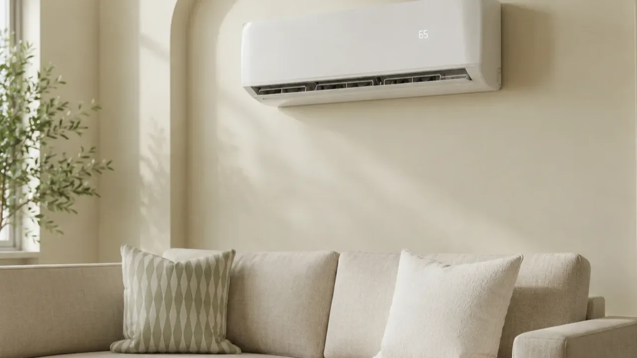 White wall-mounted mini split indoor unit above a sofa in a bright living room, the kind of single room a DIY 120 volt mini split is built for