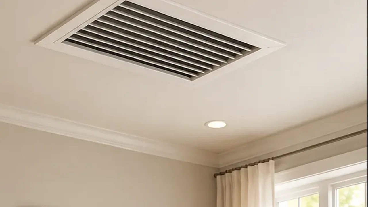 Flush white supply grille in a living room ceiling, the only visible part of a DIY concealed duct mini split system