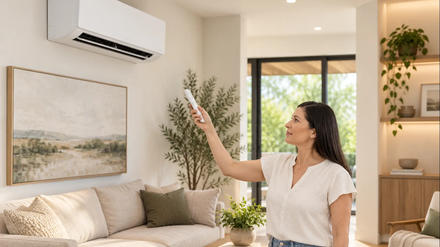 Homeowner setting a DIY ductless mini split with the remote