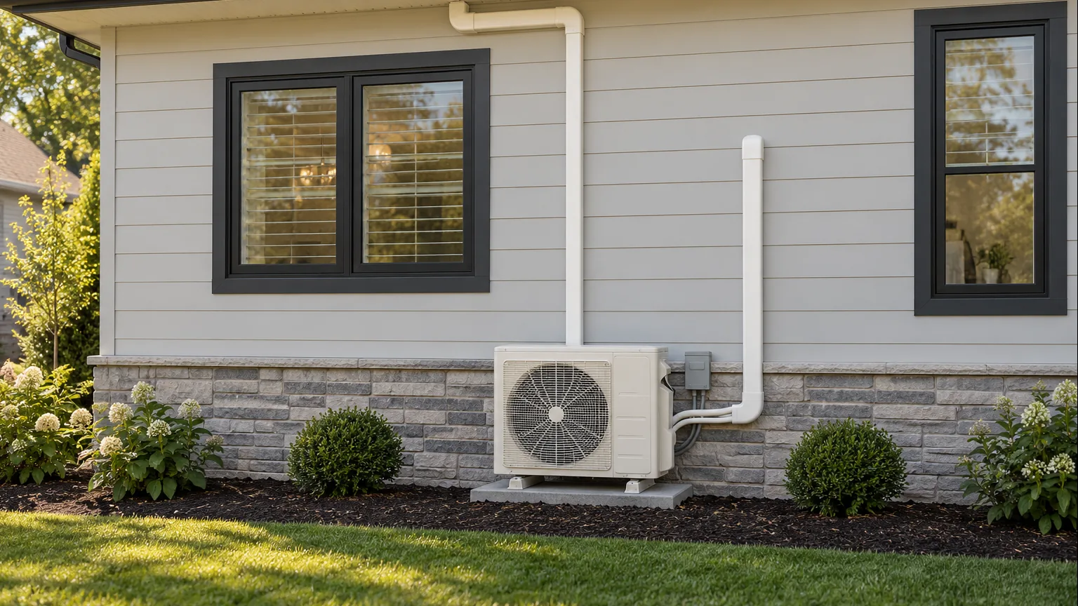 Ductless mini split outdoor unit with covered line set on a home's exterior wall