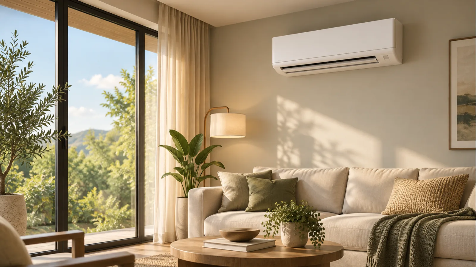 Wall-mounted ductless mini split in a sunlit living room
