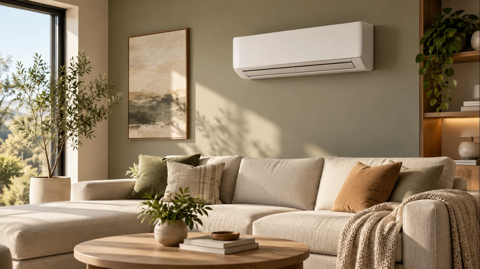 Ductless mini split indoor unit above a sofa in a modern living room