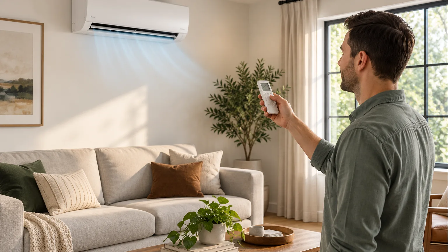Homeowner adjusting a wall-mounted ductless mini split with the remote