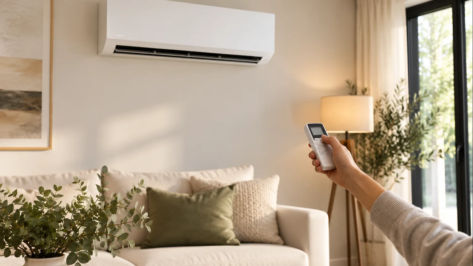 Hand pointing a remote at a wall-mounted ductless mini split