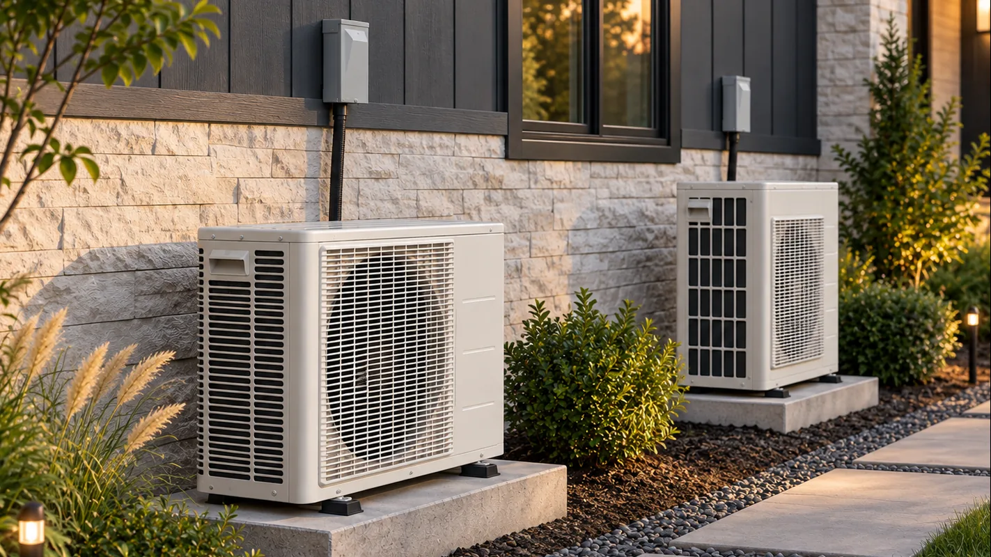 Two ductless mini split outdoor units installed along a modern home's stone wall