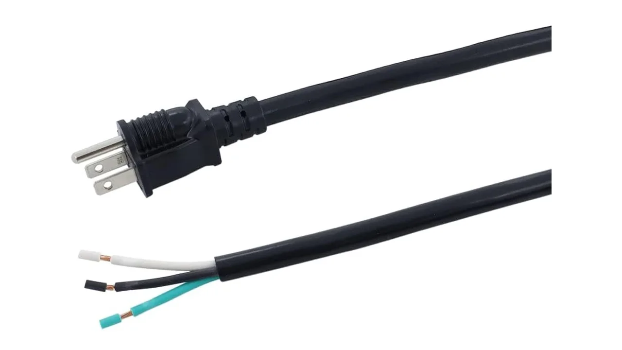 Optional 6 ft NEMA 5-15P plug cord with a stripped three-wire end, the kit that turns a 120V mini split heat pump into a plug-in install
